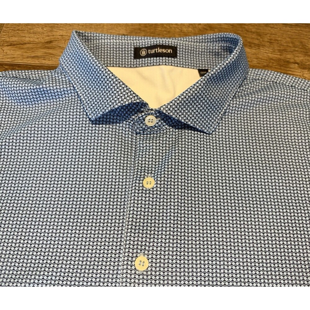 Turtleson Polo Shirt Mens 2XL Blue Geometric Performance Golf AOP Preppy Logo